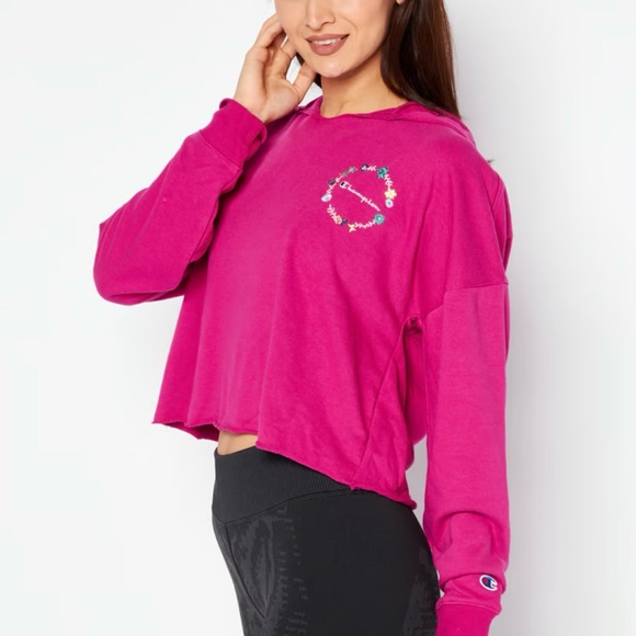 🎄🎁Champion New Cropped Hoodie Floral Script Logo Dark Pink S - Picture 3 of 14
